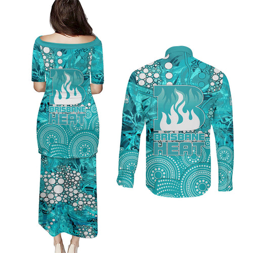 Brisbane Heat Couples Matching Puletasi and Long Sleeve Button Shirt Graffiti Urban Aboriginal Dot Abstract Design