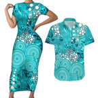 Brisbane Heat Couples Matching Short Sleeve Bodycon Dress and Hawaiian Shirt Graffiti Urban Aboriginal Dot Abstract Design