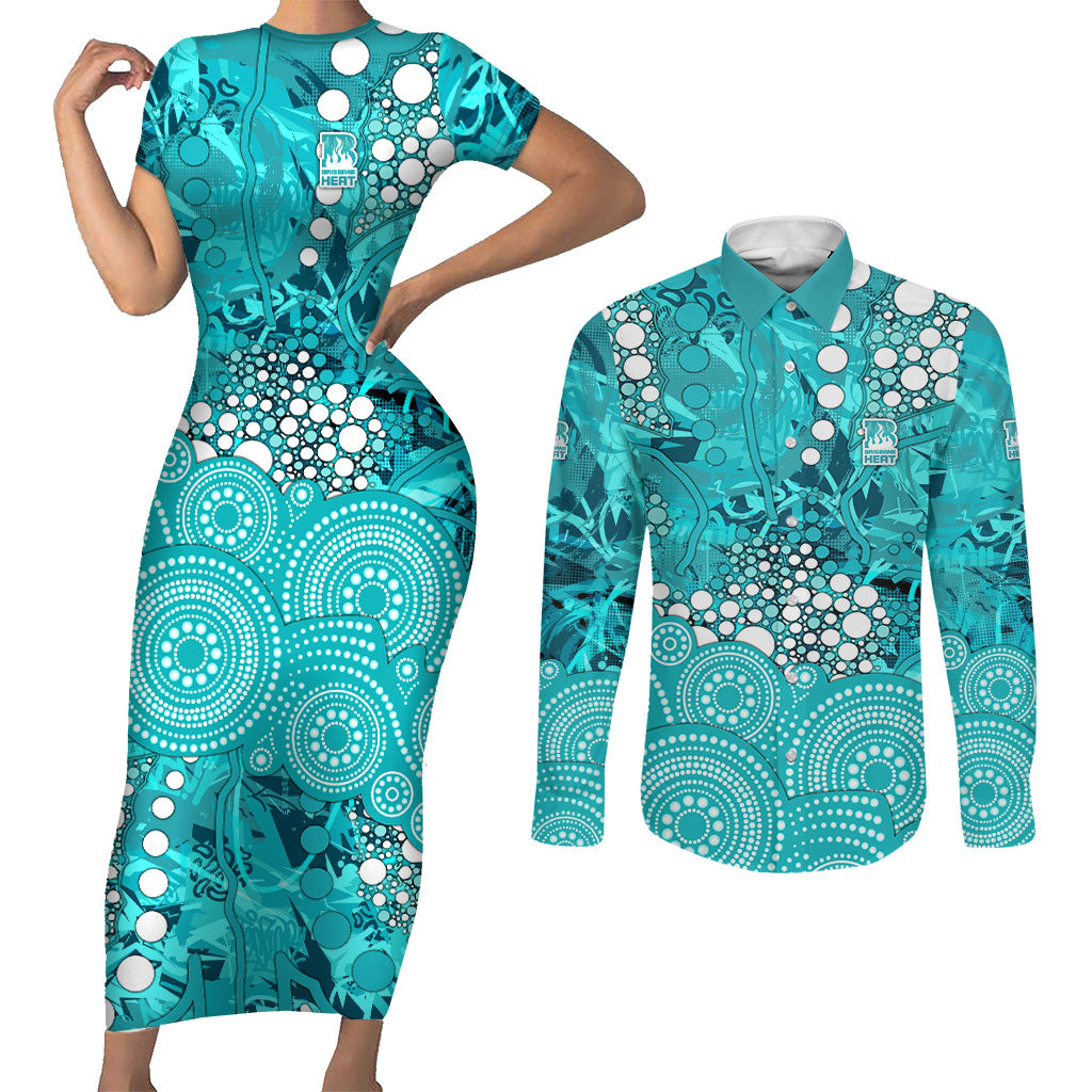 Brisbane Heat Couples Matching Short Sleeve Bodycon Dress and Long Sleeve Button Shirt Graffiti Urban Aboriginal Dot Abstract Design
