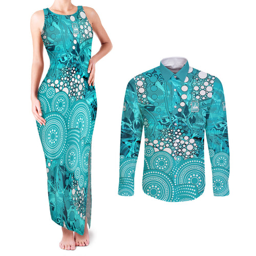 Brisbane Heat Couples Matching Tank Maxi Dress and Long Sleeve Button Shirt Graffiti Urban Aboriginal Dot Abstract Design