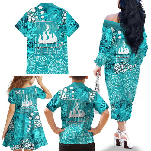 Brisbane Heat Family Matching Off The Shoulder Long Sleeve Dress and Hawaiian Shirt Graffiti Urban Aboriginal Dot Abstract Design