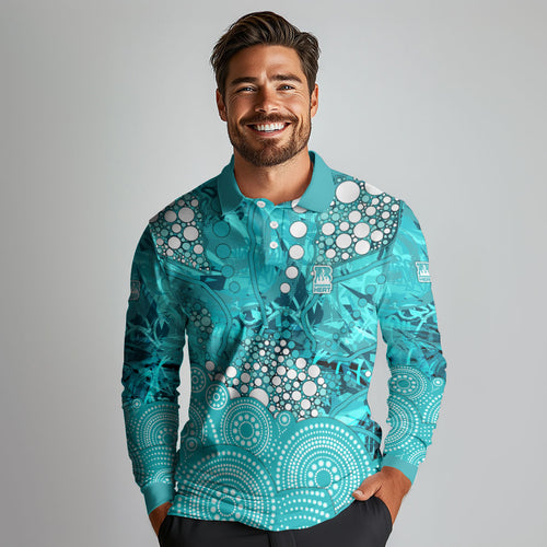 Brisbane Heat Long Sleeve Polo Shirt Graffiti Urban Aboriginal Dot Abstract Design