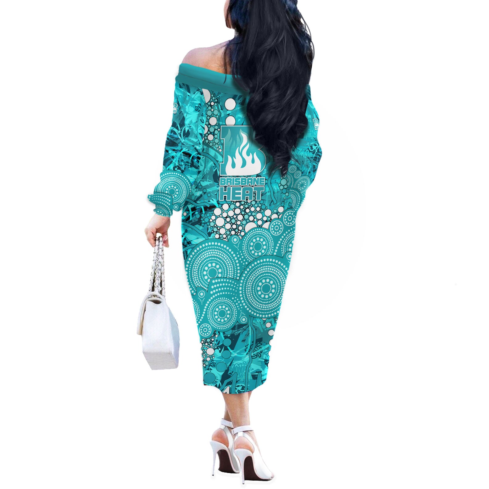 Brisbane Heat Off The Shoulder Long Sleeve Dress Graffiti Urban Aboriginal Dot Abstract Design