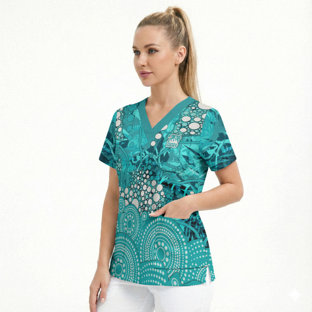 Brisbane Heat Scrub Top Graffiti Urban Aboriginal Dot Abstract Design