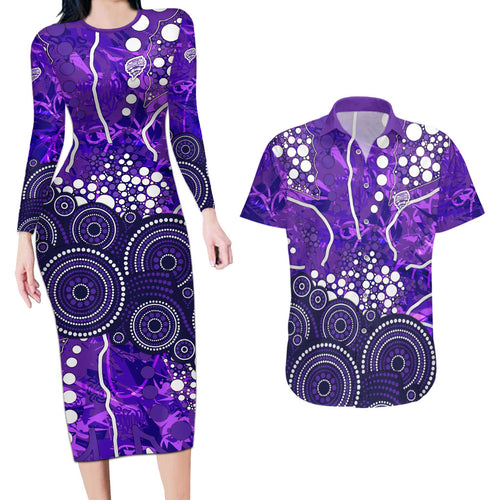 Hobart Hurricanes Couples Matching Long Sleeve Bodycon Dress and Hawaiian Shirt Graffiti Urban Aboriginal Dot Abstract Design