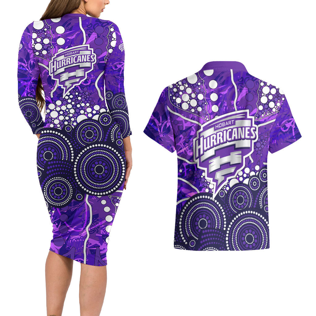 Hobart Hurricanes Couples Matching Long Sleeve Bodycon Dress and Hawaiian Shirt Graffiti Urban Aboriginal Dot Abstract Design