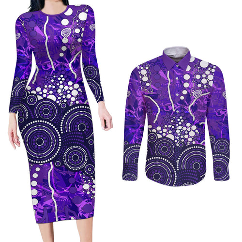 Hobart Hurricanes Couples Matching Long Sleeve Bodycon Dress and Long Sleeve Button Shirt Graffiti Urban Aboriginal Dot Abstract Design