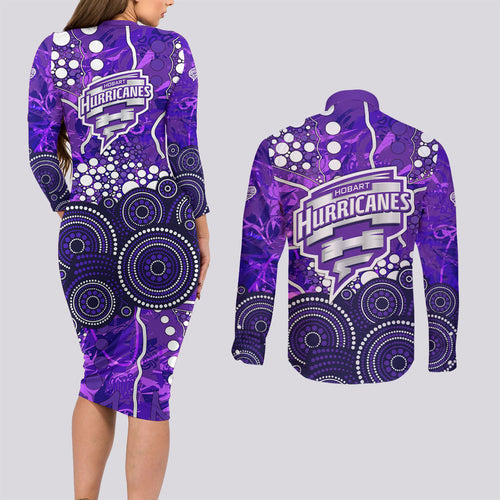 Hobart Hurricanes Couples Matching Long Sleeve Bodycon Dress and Long Sleeve Button Shirt Graffiti Urban Aboriginal Dot Abstract Design