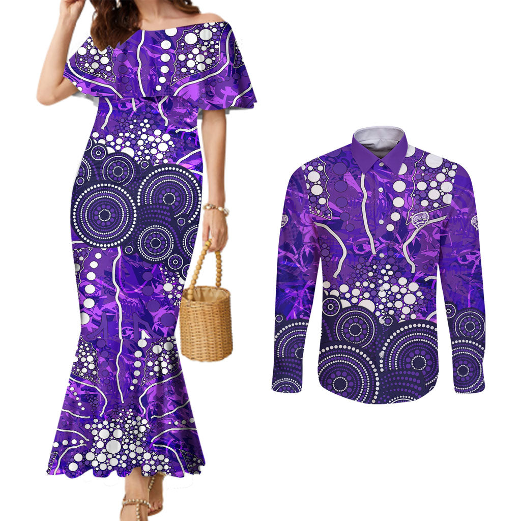 Hobart Hurricanes Couples Matching Mermaid Dress and Long Sleeve Button Shirt Graffiti Urban Aboriginal Dot Abstract Design