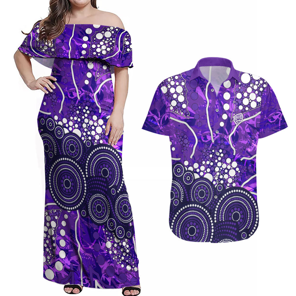 Hobart Hurricanes Couples Matching Off Shoulder Maxi Dress and Hawaiian Shirt Graffiti Urban Aboriginal Dot Abstract Design