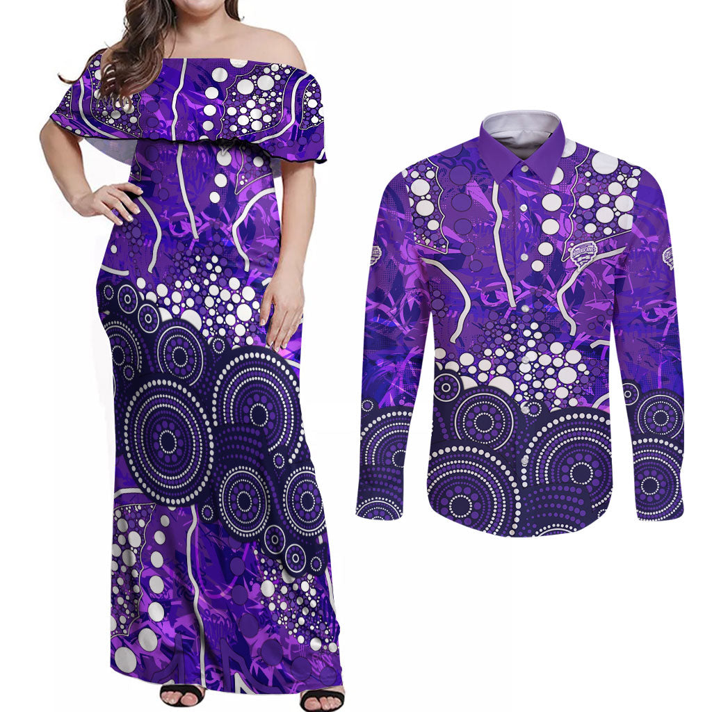 Hobart Hurricanes Couples Matching Off Shoulder Maxi Dress and Long Sleeve Button Shirt Graffiti Urban Aboriginal Dot Abstract Design