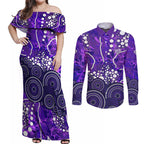 Hobart Hurricanes Couples Matching Off Shoulder Maxi Dress and Long Sleeve Button Shirt Graffiti Urban Aboriginal Dot Abstract Design