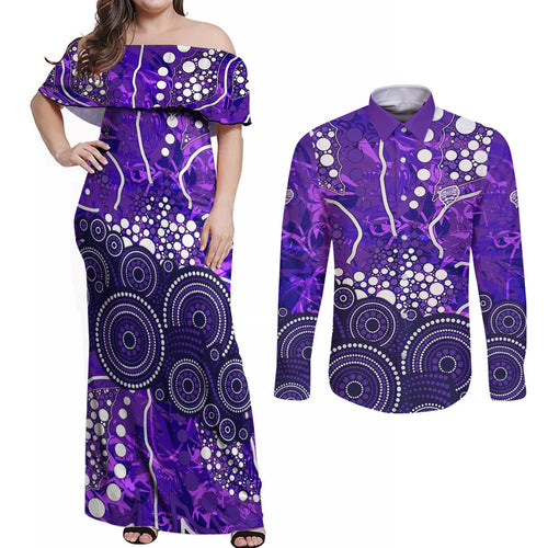 Hobart Hurricanes Couples Matching Off Shoulder Maxi Dress and Long Sleeve Button Shirt Graffiti Urban Aboriginal Dot Abstract Design