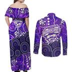 Hobart Hurricanes Couples Matching Off Shoulder Maxi Dress and Long Sleeve Button Shirt Graffiti Urban Aboriginal Dot Abstract Design