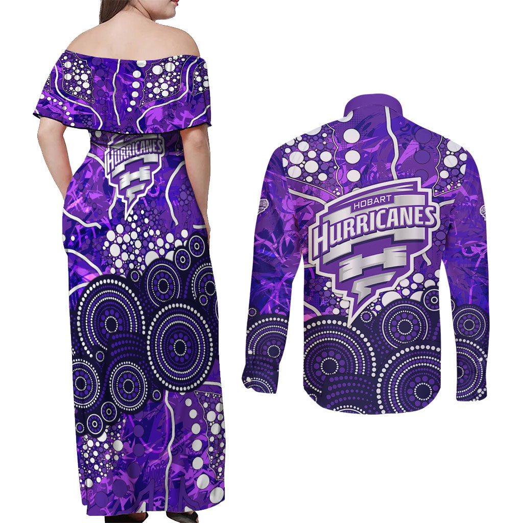 Hobart Hurricanes Couples Matching Off Shoulder Maxi Dress and Long Sleeve Button Shirt Graffiti Urban Aboriginal Dot Abstract Design