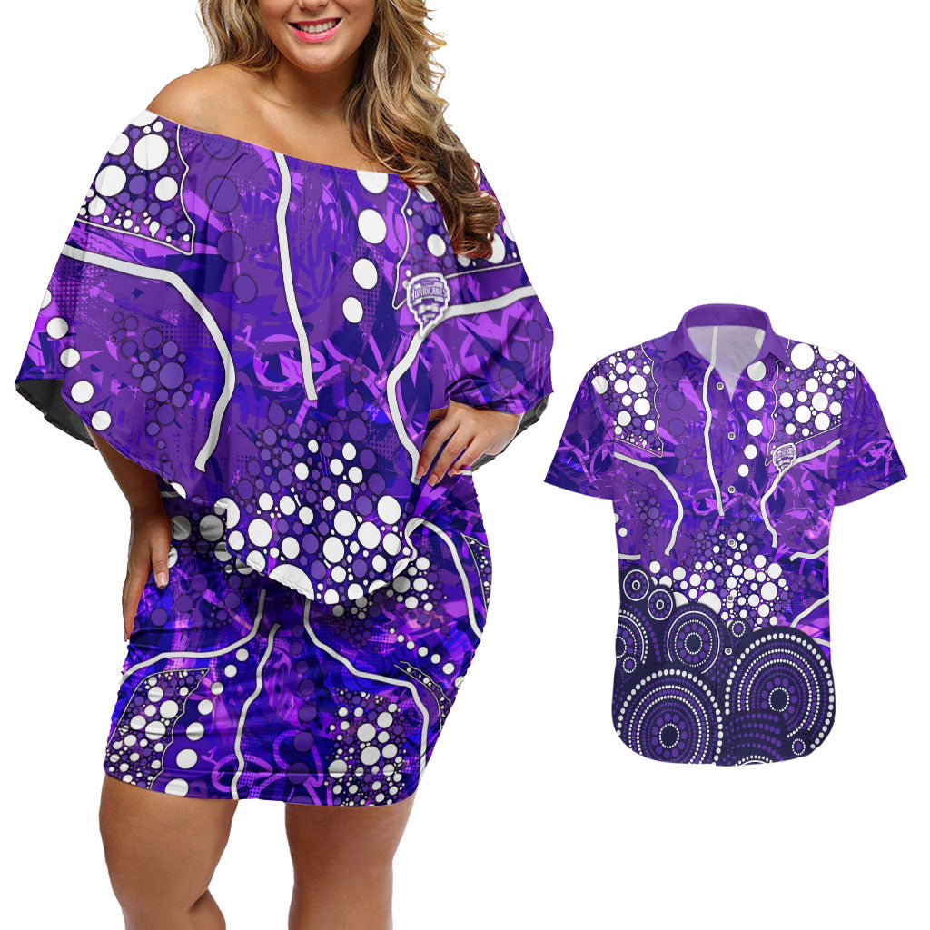Hobart Hurricanes Couples Matching Off Shoulder Short Dress and Hawaiian Shirt Graffiti Urban Aboriginal Dot Abstract Design