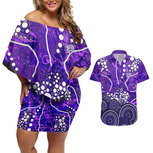 Hobart Hurricanes Couples Matching Off Shoulder Short Dress and Hawaiian Shirt Graffiti Urban Aboriginal Dot Abstract Design