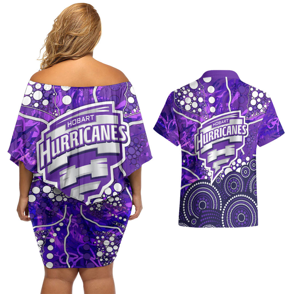 Hobart Hurricanes Couples Matching Off Shoulder Short Dress and Hawaiian Shirt Graffiti Urban Aboriginal Dot Abstract Design