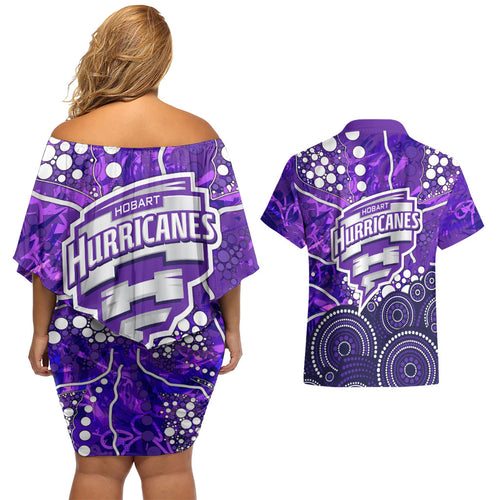 Hobart Hurricanes Couples Matching Off Shoulder Short Dress and Hawaiian Shirt Graffiti Urban Aboriginal Dot Abstract Design