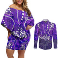 Hobart Hurricanes Couples Matching Off Shoulder Short Dress and Long Sleeve Button Shirt Graffiti Urban Aboriginal Dot Abstract Design