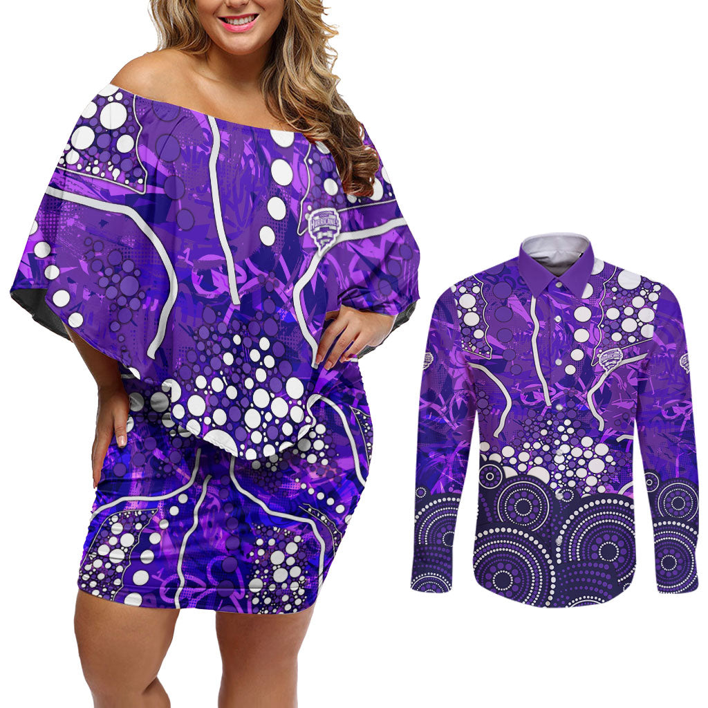 Hobart Hurricanes Couples Matching Off Shoulder Short Dress and Long Sleeve Button Shirt Graffiti Urban Aboriginal Dot Abstract Design
