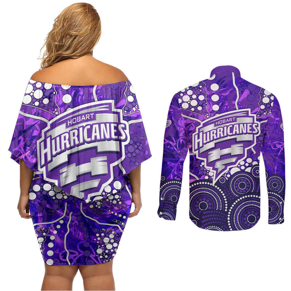Hobart Hurricanes Couples Matching Off Shoulder Short Dress and Long Sleeve Button Shirt Graffiti Urban Aboriginal Dot Abstract Design