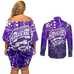 Hobart Hurricanes Couples Matching Off Shoulder Short Dress and Long Sleeve Button Shirt Graffiti Urban Aboriginal Dot Abstract Design