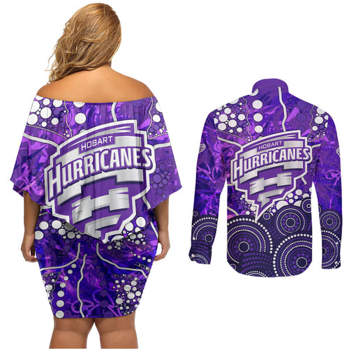 Hobart Hurricanes Couples Matching Off Shoulder Short Dress and Long Sleeve Button Shirt Graffiti Urban Aboriginal Dot Abstract Design