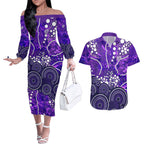 Hobart Hurricanes Couples Matching Off The Shoulder Long Sleeve Dress and Hawaiian Shirt Graffiti Urban Aboriginal Dot Abstract Design