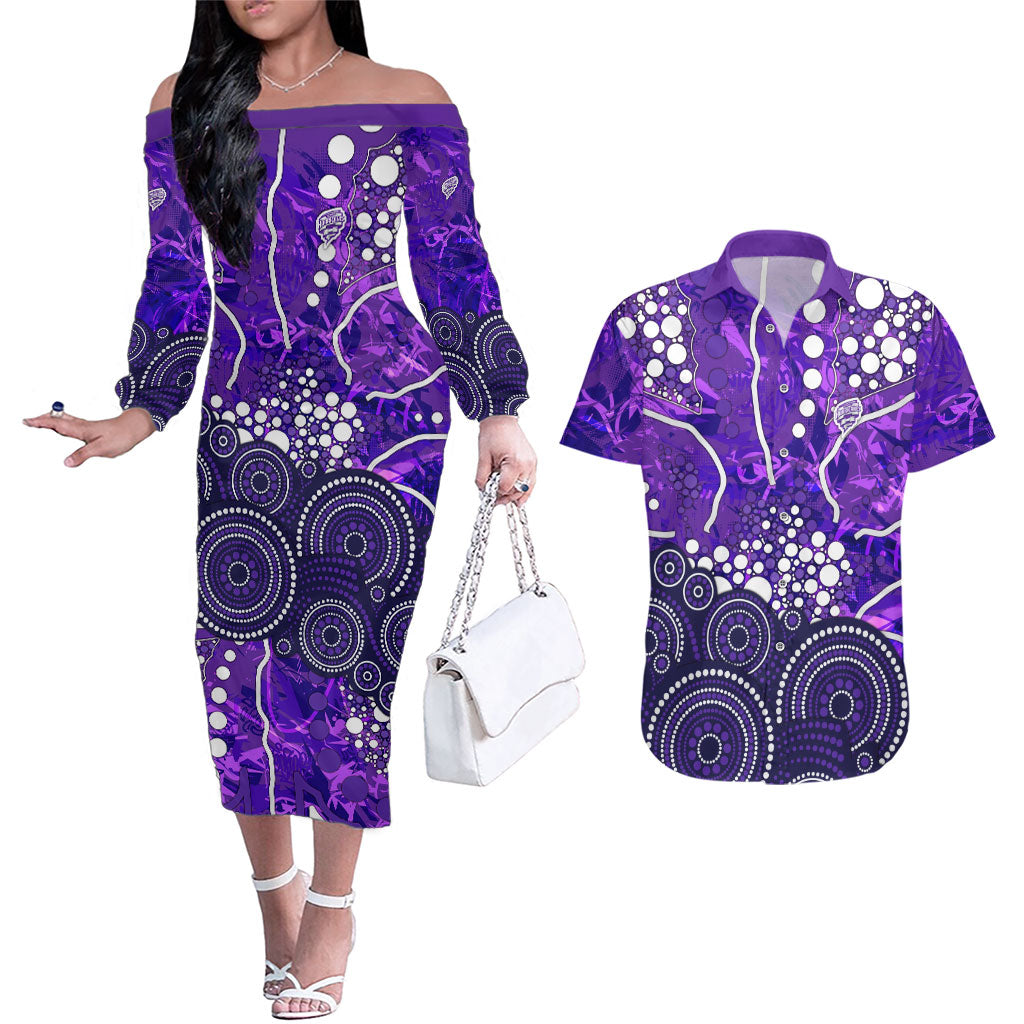 Hobart Hurricanes Couples Matching Off The Shoulder Long Sleeve Dress and Hawaiian Shirt Graffiti Urban Aboriginal Dot Abstract Design
