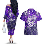 Hobart Hurricanes Couples Matching Off The Shoulder Long Sleeve Dress and Hawaiian Shirt Graffiti Urban Aboriginal Dot Abstract Design