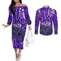 Hobart Hurricanes Couples Matching Off The Shoulder Long Sleeve Dress and Long Sleeve Button Shirt Graffiti Urban Aboriginal Dot Abstract Design