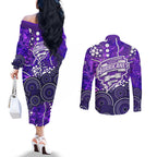 Hobart Hurricanes Couples Matching Off The Shoulder Long Sleeve Dress and Long Sleeve Button Shirt Graffiti Urban Aboriginal Dot Abstract Design