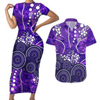 Hobart Hurricanes Couples Matching Short Sleeve Bodycon Dress and Hawaiian Shirt Graffiti Urban Aboriginal Dot Abstract Design