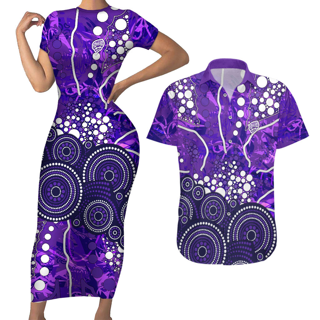 Hobart Hurricanes Couples Matching Short Sleeve Bodycon Dress and Hawaiian Shirt Graffiti Urban Aboriginal Dot Abstract Design