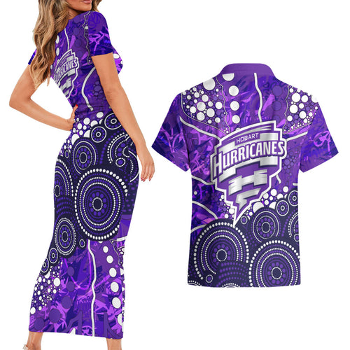 Hobart Hurricanes Couples Matching Short Sleeve Bodycon Dress and Hawaiian Shirt Graffiti Urban Aboriginal Dot Abstract Design