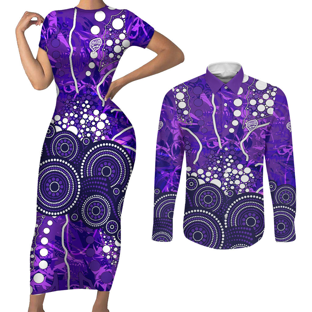 Hobart Hurricanes Couples Matching Short Sleeve Bodycon Dress and Long Sleeve Button Shirt Graffiti Urban Aboriginal Dot Abstract Design