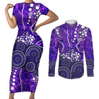 Hobart Hurricanes Couples Matching Short Sleeve Bodycon Dress and Long Sleeve Button Shirt Graffiti Urban Aboriginal Dot Abstract Design