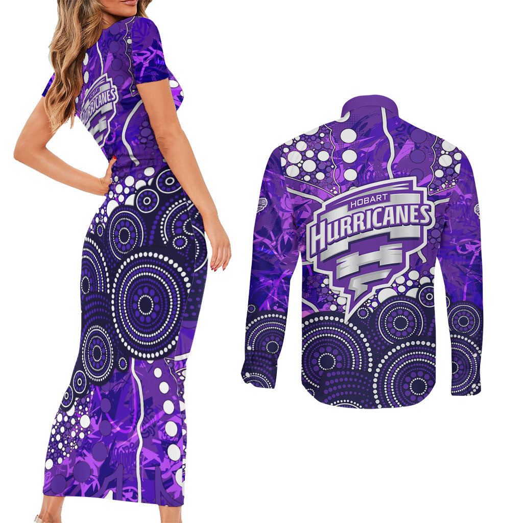 Hobart Hurricanes Couples Matching Short Sleeve Bodycon Dress and Long Sleeve Button Shirt Graffiti Urban Aboriginal Dot Abstract Design