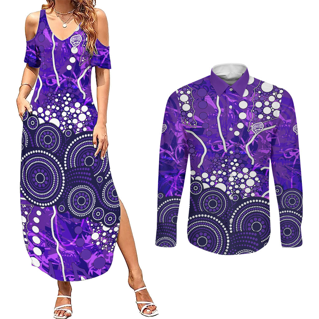 Hobart Hurricanes Couples Matching Summer Maxi Dress and Long Sleeve Button Shirt Graffiti Urban Aboriginal Dot Abstract Design