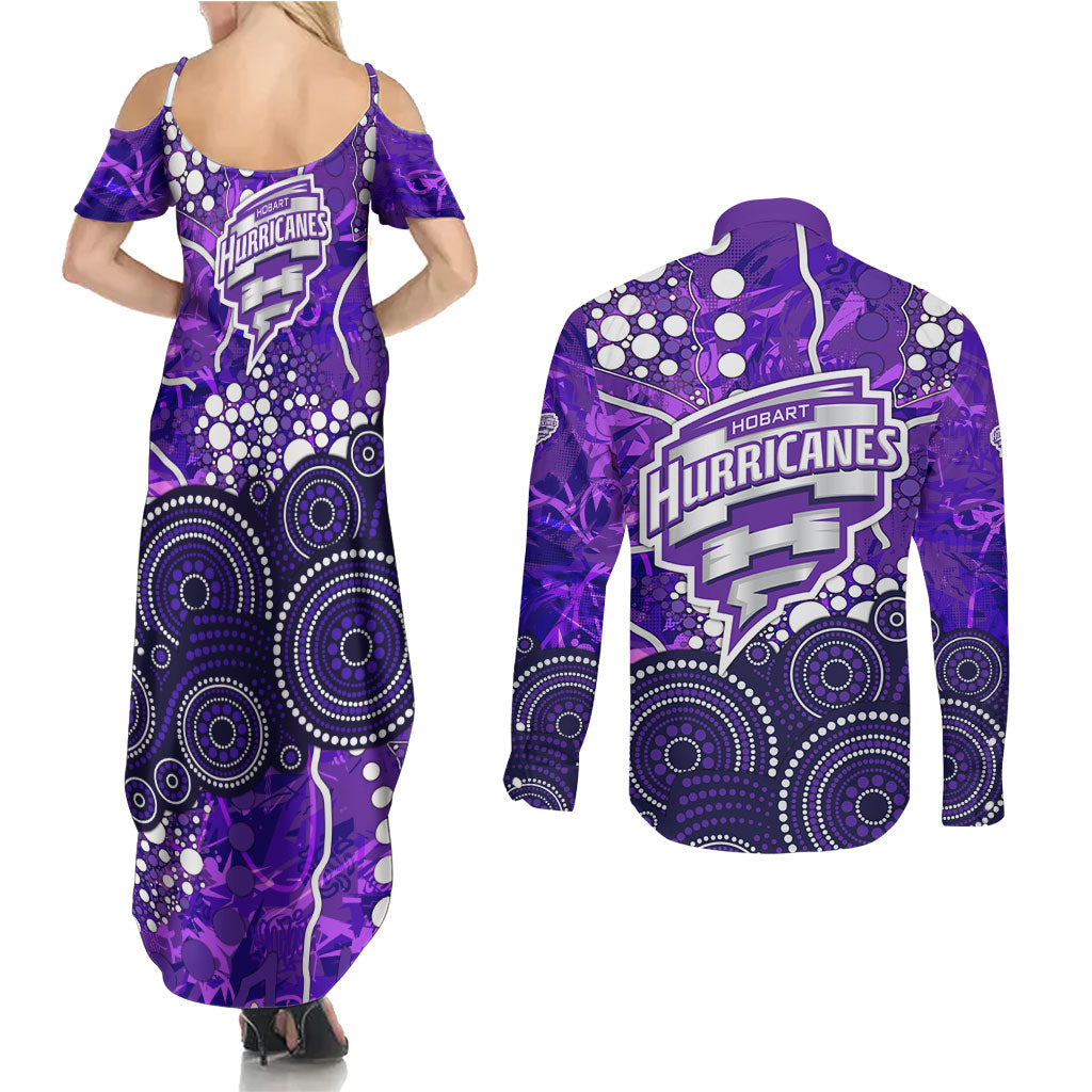 Hobart Hurricanes Couples Matching Summer Maxi Dress and Long Sleeve Button Shirt Graffiti Urban Aboriginal Dot Abstract Design