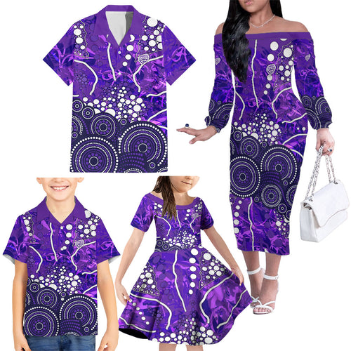 Hobart Hurricanes Family Matching Off The Shoulder Long Sleeve Dress and Hawaiian Shirt Graffiti Urban Aboriginal Dot Abstract Design