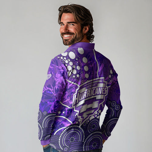 Hobart Hurricanes Long Sleeve Polo Shirt Graffiti Urban Aboriginal Dot Abstract Design