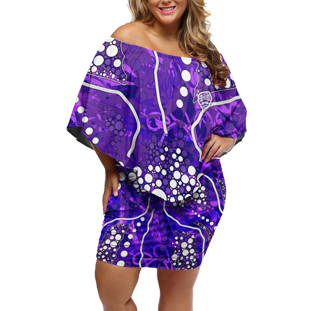 Hobart Hurricanes Off Shoulder Short Dress Graffiti Urban Aboriginal Dot Abstract Design