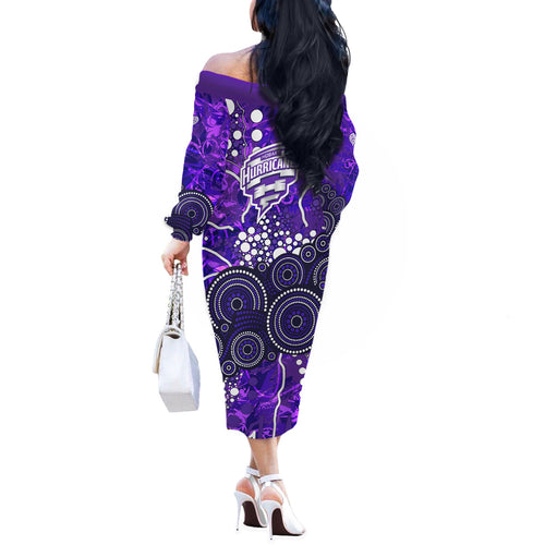 Hobart Hurricanes Off The Shoulder Long Sleeve Dress Graffiti Urban Aboriginal Dot Abstract Design