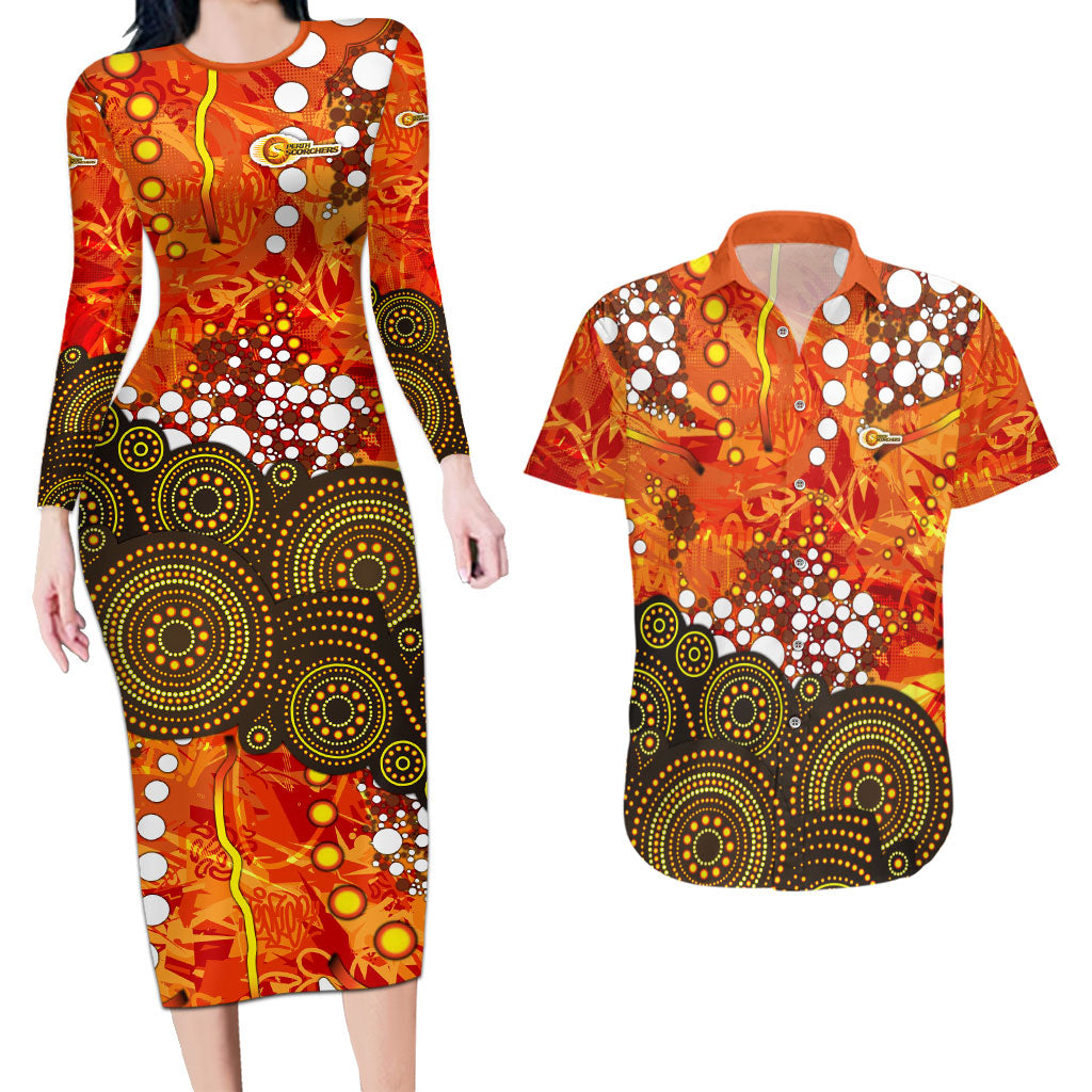 Perth Scorchers Couples Matching Long Sleeve Bodycon Dress and Hawaiian Shirt Graffiti Urban Aboriginal Dot Abstract Design