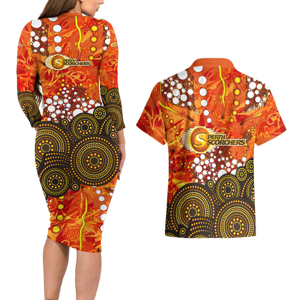 Perth Scorchers Couples Matching Long Sleeve Bodycon Dress and Hawaiian Shirt Graffiti Urban Aboriginal Dot Abstract Design