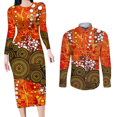 Perth Scorchers Couples Matching Long Sleeve Bodycon Dress and Long Sleeve Button Shirt Graffiti Urban Aboriginal Dot Abstract Design