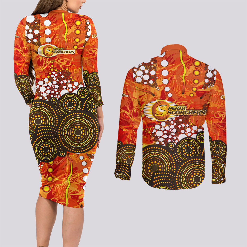 Perth Scorchers Couples Matching Long Sleeve Bodycon Dress and Long Sleeve Button Shirt Graffiti Urban Aboriginal Dot Abstract Design