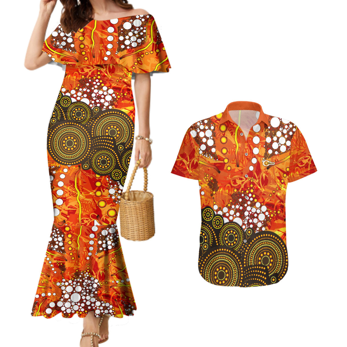 Perth Scorchers Couples Matching Mermaid Dress and Hawaiian Shirt Graffiti Urban Aboriginal Dot Abstract Design